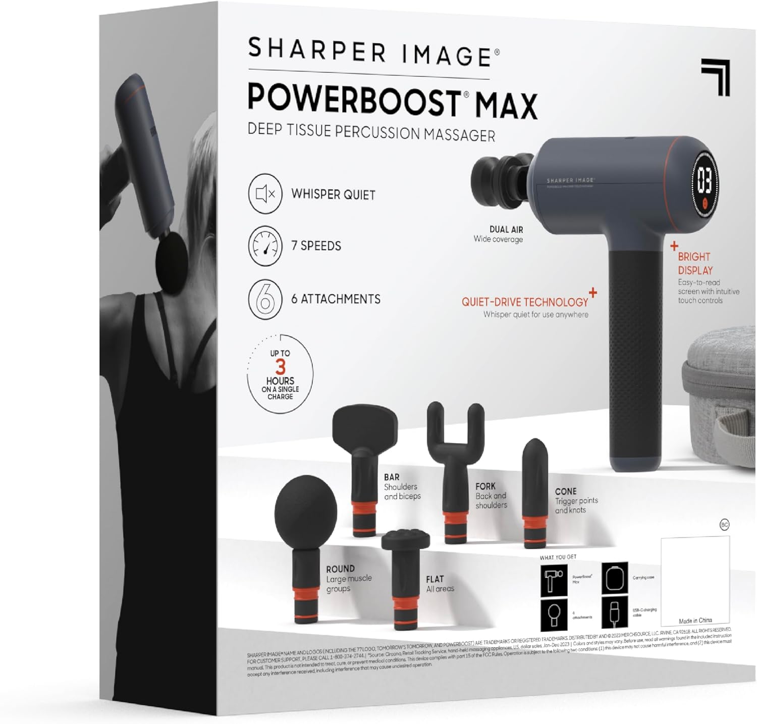 Sharper Image Deep Percussion Massage Gun, Powerboost MAX Rechargeable Handheld Massager, 7 Adjustable Speeds, 6 Attachment Heads & Carrying Case, Full Body Muscle Pain Relief, Black thumbnail 6