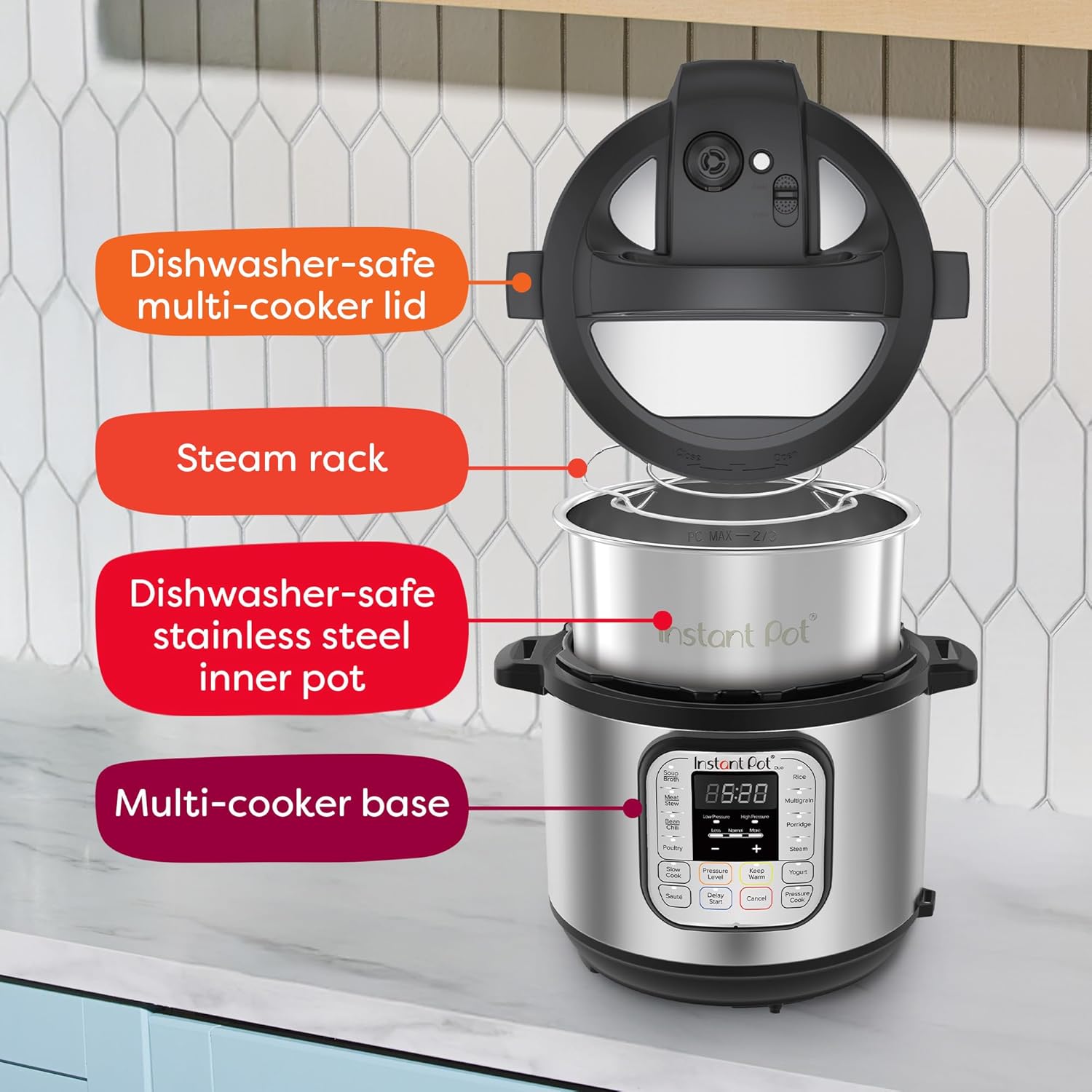 Instant Pot Duo 7-in-1 — stainless steel inner pot and steamer rack