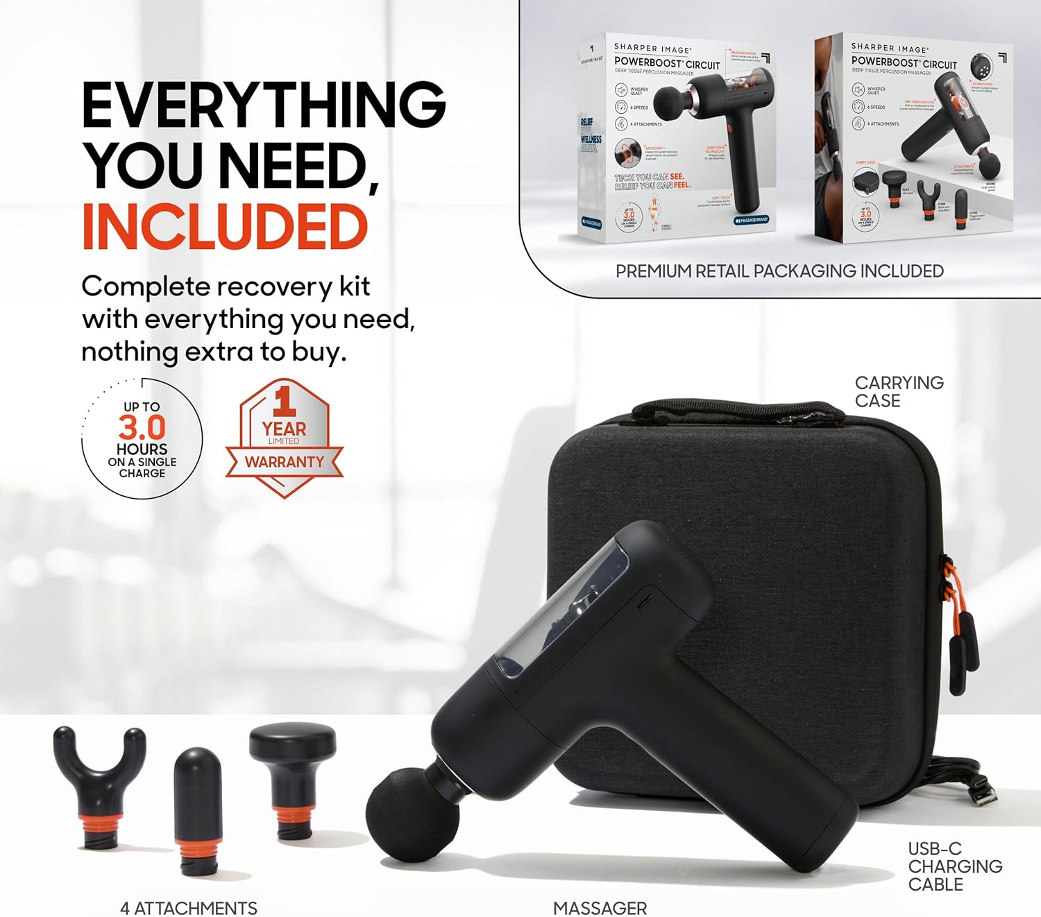 Sharper Image PowerBoost Circuit Massage Gun (2026 Version) — 6-Speed Deep Tissue Percussion Massager with Adaptive Force Motor, 4 Attachments & Travel Case for Back, Shoulders & Full-Body Recovery thumbnail 4